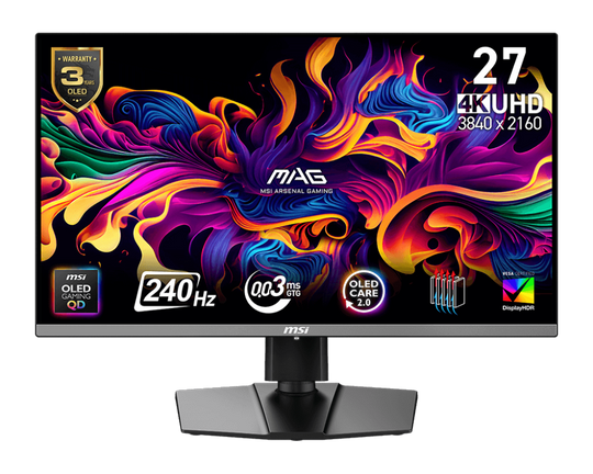 MSI MAG 272UP QD-OLED X24 27-inch 3840 x 2160 (UHD) Gaming Monitor, 240Hz, Adaptive-Sync, HDMI, DisplayPort, VESA Mountable, Tilt, Height Adjustable, Speaker, 0.03ms, Black