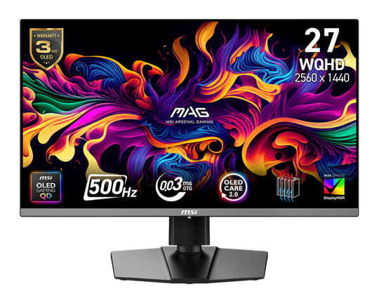 MSI MAG 272QP QD-OLED X50 Gaming Monitor, 27" QD-OLED Display, WQHD Resolution, 500Hz Refresh Rate, 0.03ms (GtG) Response Time, AMD FreeSync Premium Pro, Black